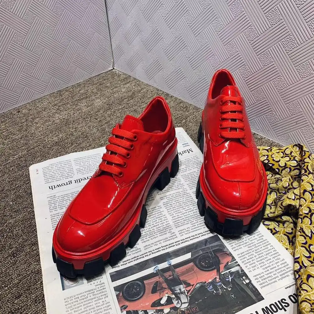 

2019 Newest Casual Solid Flat Women Shoes Patent Leather Lace-Up Loafers Flat Platforms British Style Ladies Oxfords
