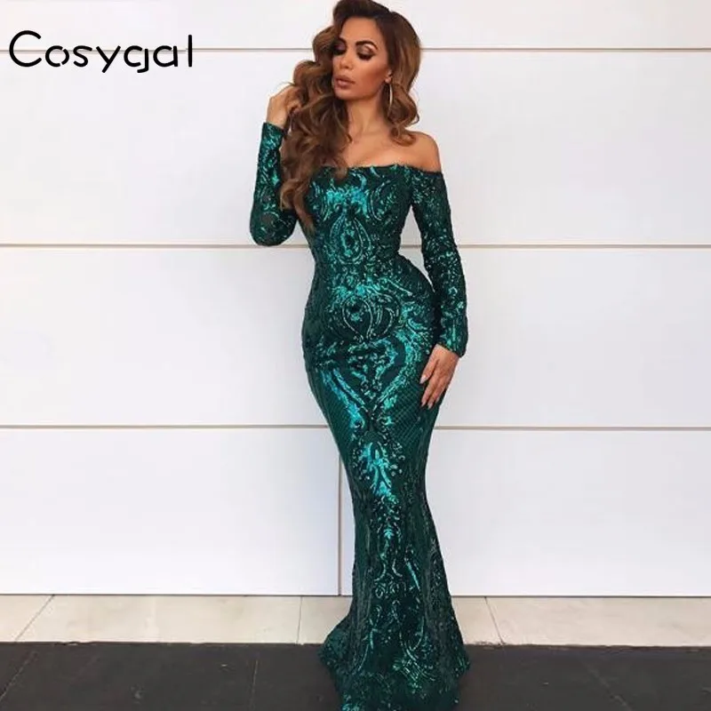 Cosygal 2018 Для женщин блестками длиной макси платье лето осень сексуальная Slash шеи