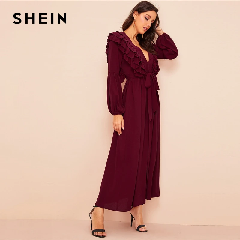 SHEIN с глубоким вырезом на шее многослойное отделкой поясом Абаи платье темно-бордовый однотонный Гламурная глубокий v-образный вырез Для женщин платья