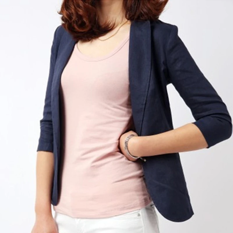 Лето осень приталенный Блейзер для женщин Формальные пиджаки офисная работа зубчатый 3/4 рукав хлопок льняной Блейзер белого и синего цвета размера плюс - Цвет: navy blue