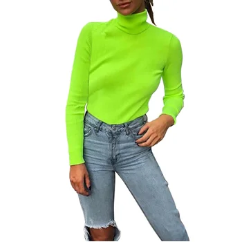 

Fashion Turtuleneck Knitted Sweater Women Fluorescent Green 2018 Autumn Winter Casual Long Sleeve Sweater Pullovers X1