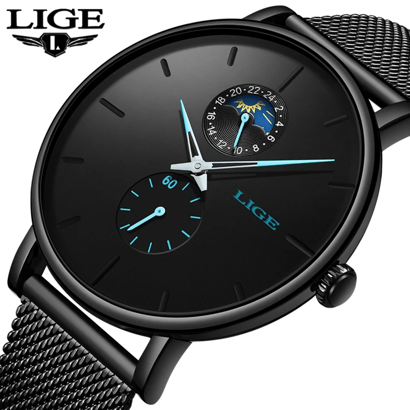 LIGE Novos Homens Da Moda Relógios Top Marca de Luxo Relógio de Quartzo Dos Homens Casuais Magro Malha de Aço À Prova D' Água Sports Watch Relogio masculino