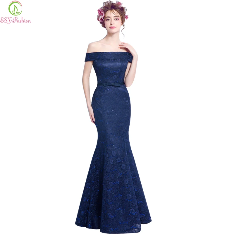 Robe De Soiree SSYFashion темно-синее кружево рыбий хвост вечернее платье невесты тонкий