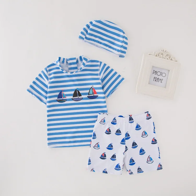 

Boys Clothing 2019 New Summer Boy Swimsuit Top Shirts+Shorts Kids+Swim Hat Swimwear Boys Beachwear Sports Swimming