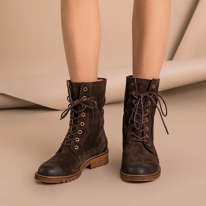 Beautoday Neue Winter Dame Handgemachte Kuh Marke kalb brown coffee up Echtes Herbst Black 02203 Mid Elastische Schuhe Spitze Wildleder Leder Frauen Stiefel w0TXZxtqy