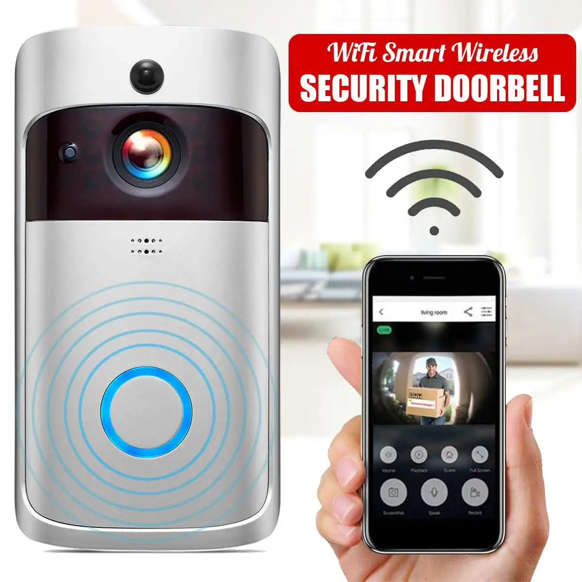 

Wireless Smart WiFi Doorbell Video Visual Security Intercom Camera Record Phone Bell IR Night Vision Two-way Talk 24H Monitor