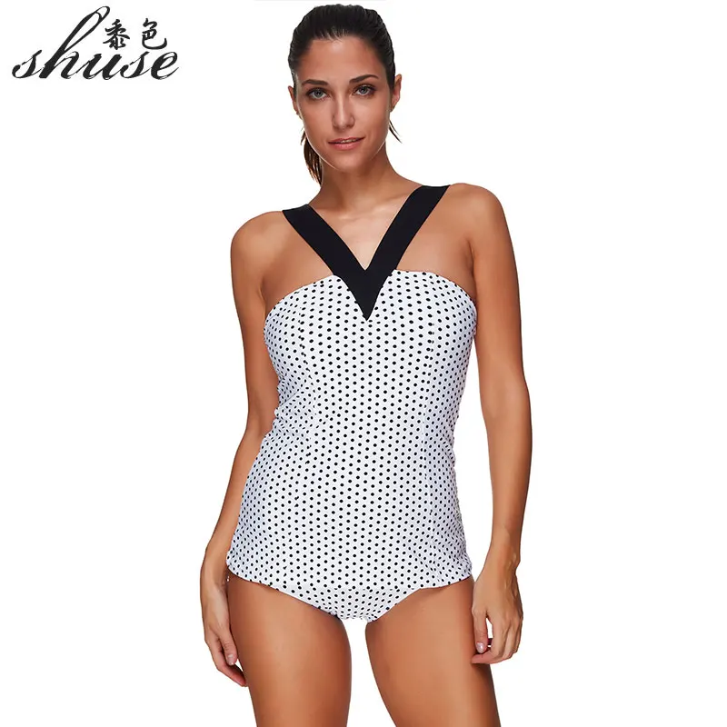 

Backless Bodysuit One Piece Swimsuit Women Patchwork Black Dots Sexy Swimwear 2018 New 3XL Plus Size Monokini Female Bating Suit