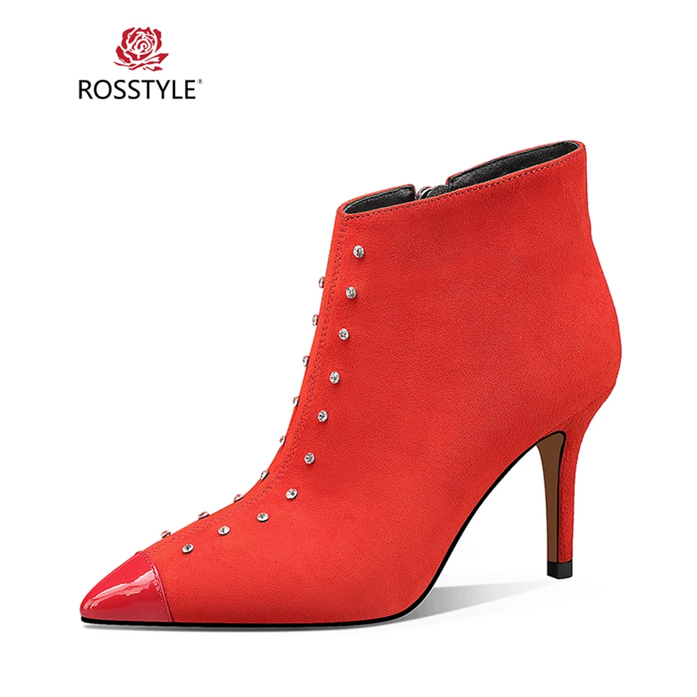 

ROSSTYLE 2018 Winter Fashion Ankle Boot Luxury Genuine Leather Rivet Decoration Soft Boot Sexy Pointed Toe Elegant Lady Boot B80