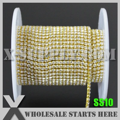 

SS10 Single Row DENSITY Rhinestone Cup Chain, Crystal Rhinestone in Gold Chain X11110