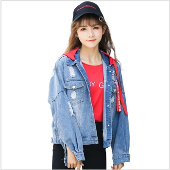 

2019 Spring autumn Women jacket Hooded Long Denim Jacket with Removable red Hood Big Size Jean Jacket Female Coat G246