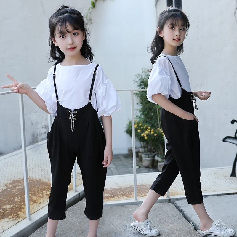 

Casual Girls Clothes Summer Thin Cotton Comfortable Overalls + White Shirts 2PC Suits for Baby Kids Outfit Vestidos Infantil