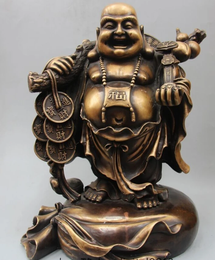 

17" Chinese Buddhism Copper Fu Wealth Happy Laugh Maitreya Buddha Money Statue