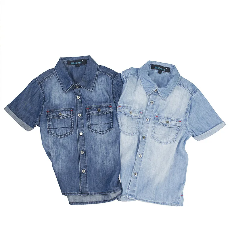1Boys Denim Shirts Teens Solid Tops Short Sleeve Shirts Pocket Buttons Kids Junior Clothing Children 4-16 Years