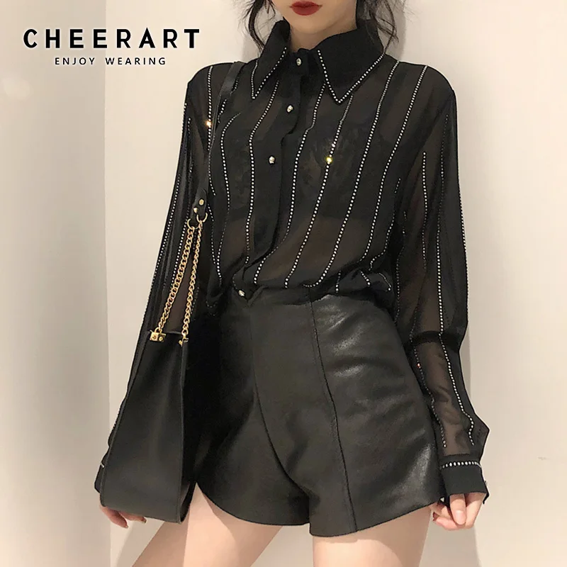 

Cheerart Transparent See Through Blouse Shirt Woman Diamonds Seethrough Top Black Long Sleeve Ladies Blouse 2019