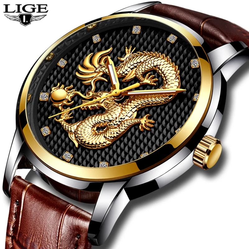 

LIGE Top Luxury Brand Men's Sport Watches Leather Gold Quartz Watch Men Casual Waterproof Military Wrist Watch Relogio Masculino