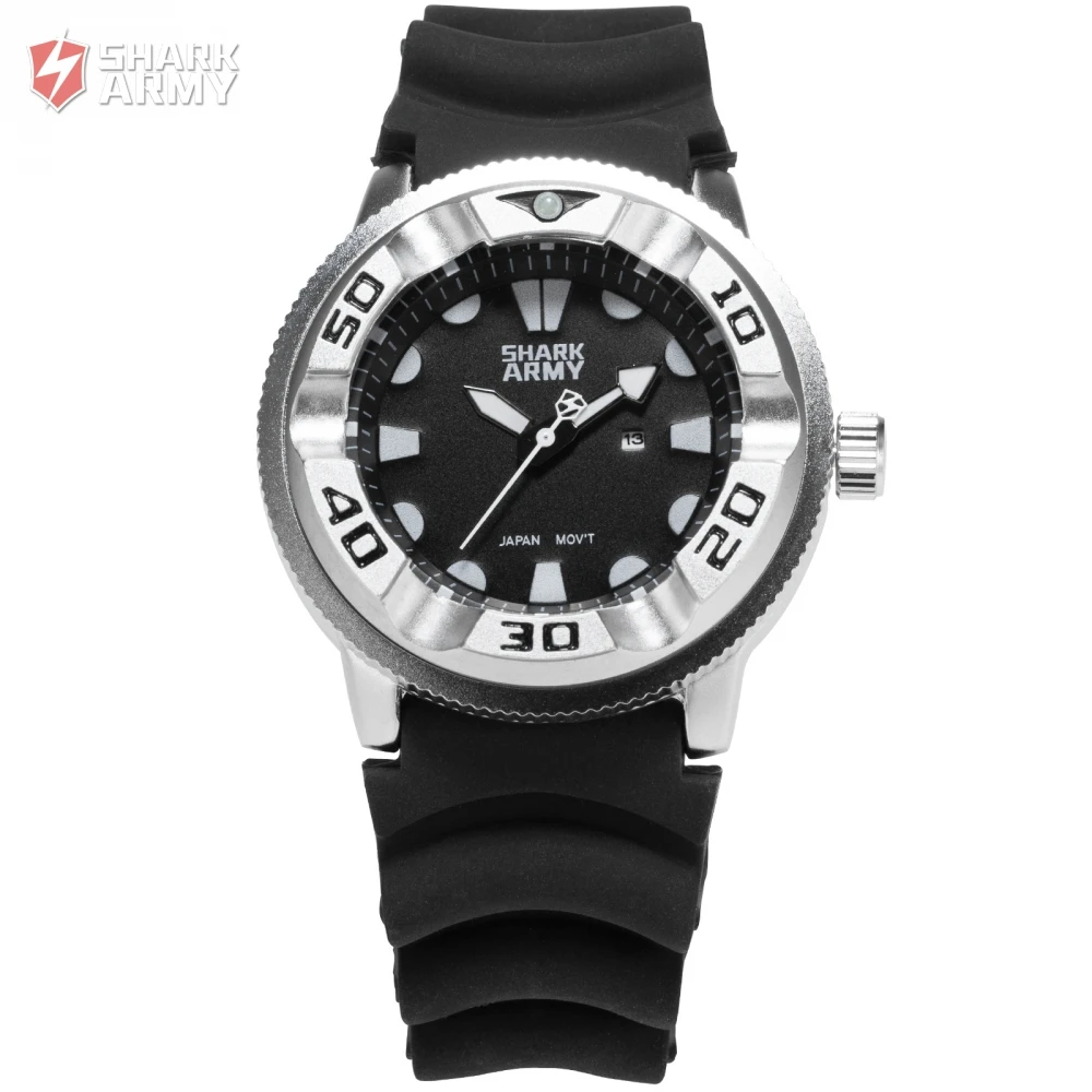 SHARK ARMY Brand Sports Watches Men Black Silicone Band Date Analog Male Military Clock Quartz Casual Wrist Watch Gift / SAW101