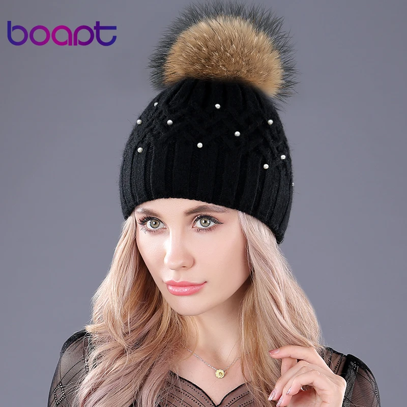 

[boapt] Genuine Natural Raccoon Fur Winter Rabbit Double-deck Velvet Hats For Women Pearl Embed Caps Female Skullies Beanies