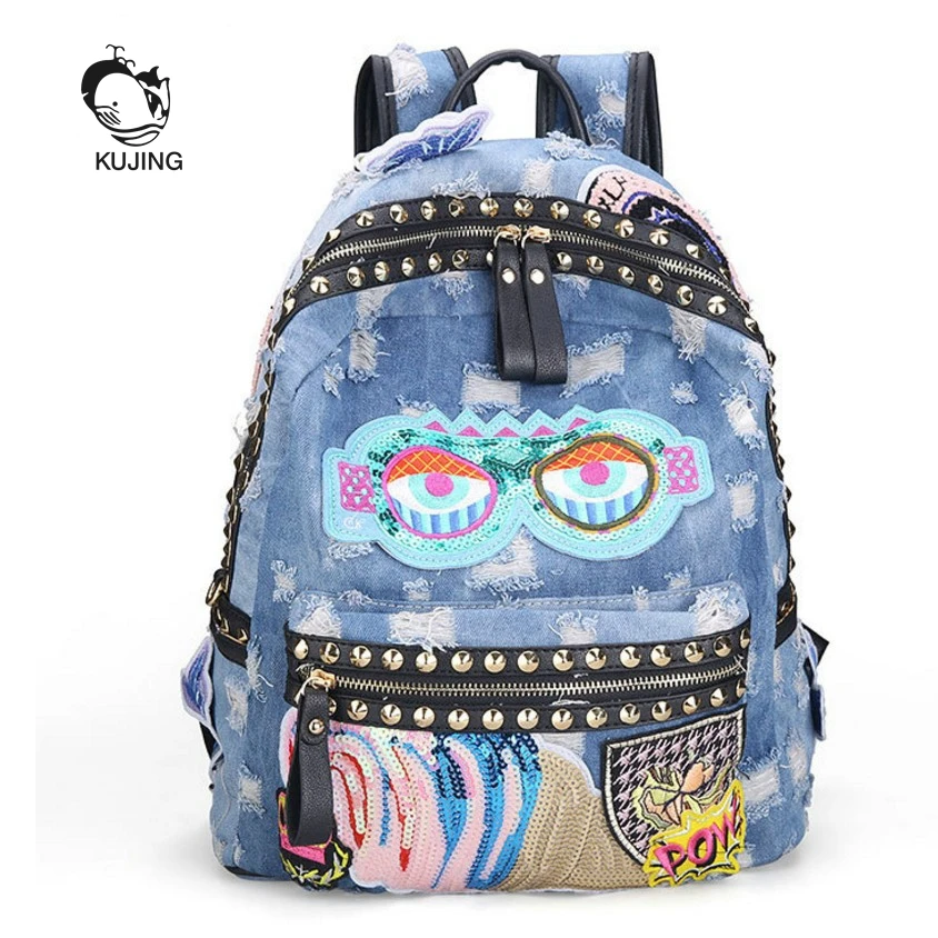 

KUJING Brand Fashion Backpack High Quality Denim Student Backpack Hot Luxury Women Backpack Women Travel Casual Cheap Backpack