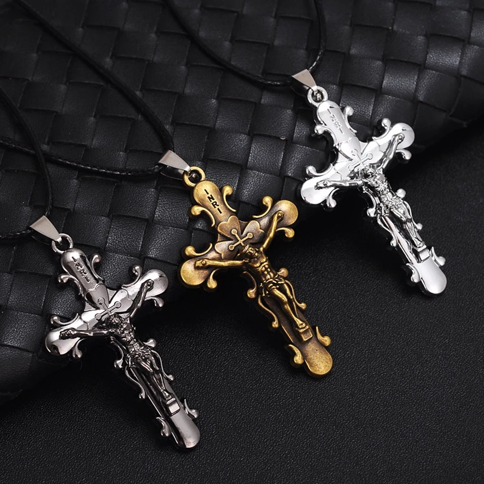 Beste MIC 12 stks Christian Sieraden Geschenken Vintage Kruis INRI Crucifix cross Jezus charm Hanger Mannen Lederen touw Ketting 3 kleur