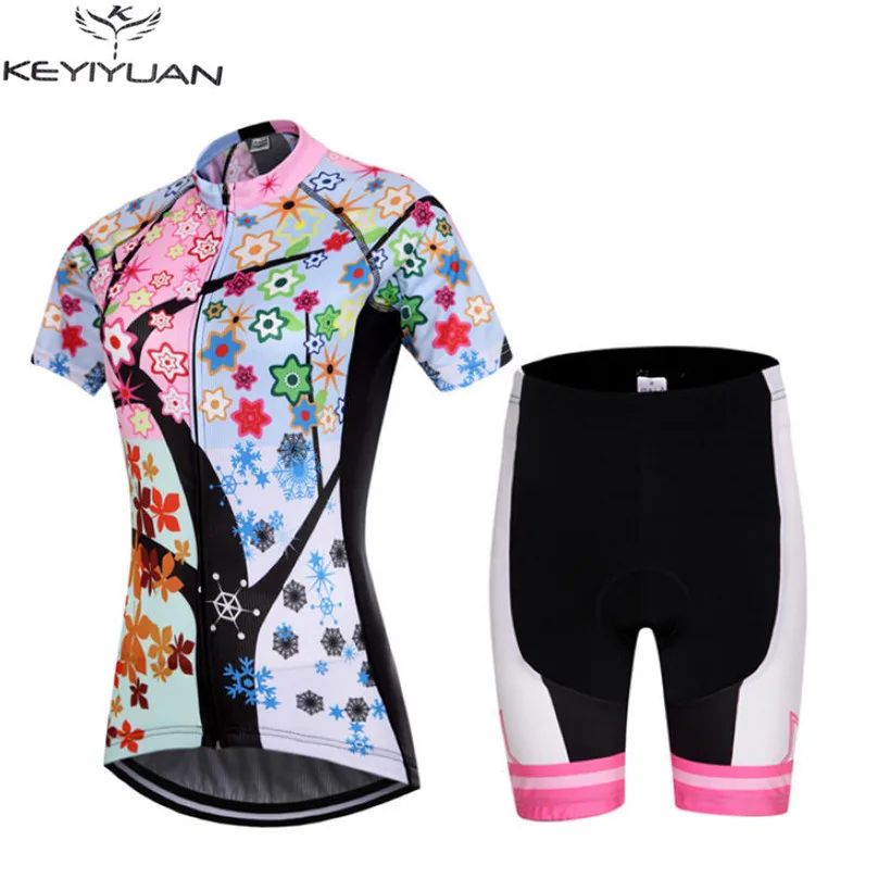 KEYIYUAN-Ropa-Ciclismo-Mujer-Pro-Team-Ciclismo-Jersey-Bike-Ropa-de-manga-corta-Traje-de-bicicleta-Pantalones-pantalones-pantalones cortos acolchados