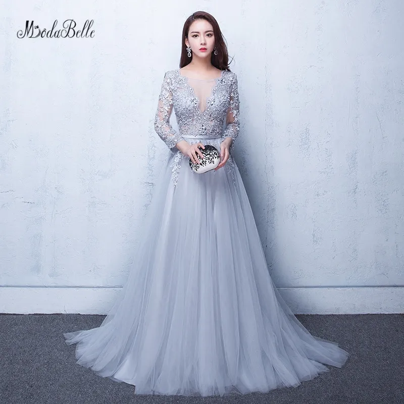 

modabelle Gray Prom Dresses 2019 Robe Soiree Manche Longue A-line Tulle Appliques Sexy Formal Dress Robe De Bal Longue