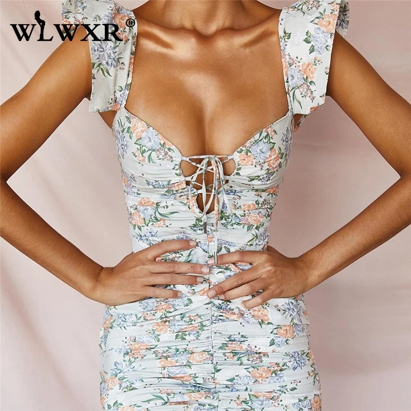 

WLWXR Floral Print Ruffles Pleated Summer Mini Dress Women Bandage Bodycon Boho Dress Bohemain Beach Sexy Club Party Short Dress