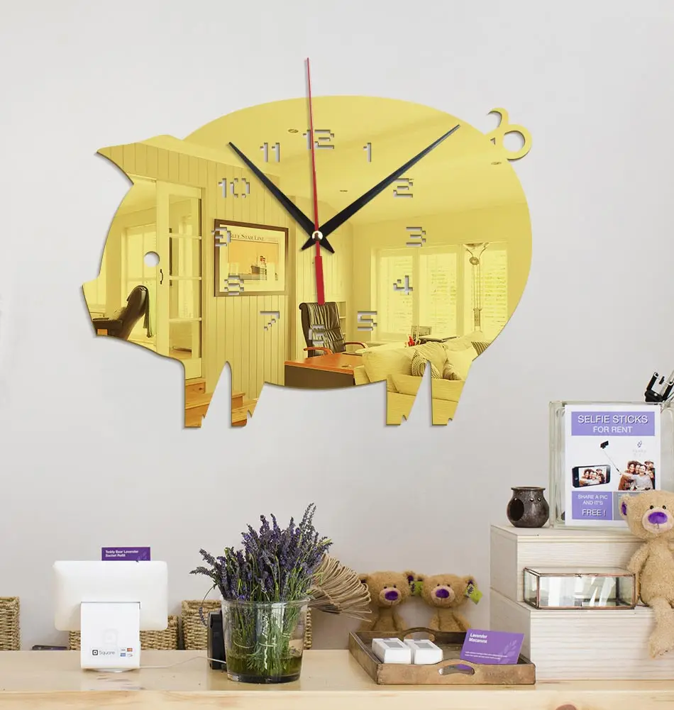 3D fly pig настенные часы современный европейский дизайн цифровые настенные часы акриловые зеркальные наклейки для спальни гостиная 27x22 см