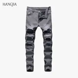 [HANGJIA] Для мужчин с проблемных колена плиссированные джинсы Европа и Америка Для мужчин стрейч джинсовые штаны Тонкий Колено Hole Ruched