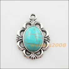 4 шт. ретро, тибетский серебряный овальный камень цветок Подвески 18,5x26,5 мм