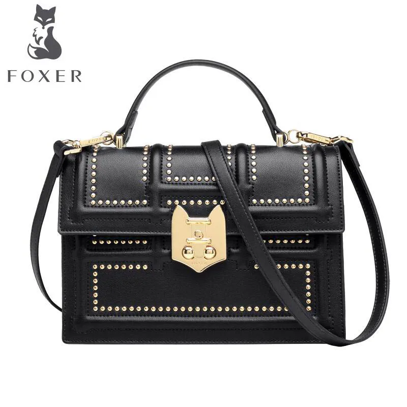 

FOXER 2018 New Women leather bag designer famous brand leather women Cowhide bag fashion Fashion rivets tote shoulder bag