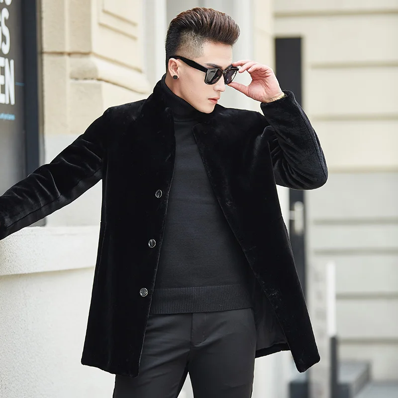 2019 Luxury Men Fur Coat Sheep Shearing Suede Jacket Winter Faux Fur Coat Black Long Jacket Overcoat Parka Real Fur Men