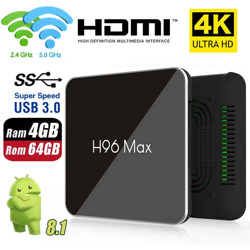 H96 Max DDR4 4+ 64 ГБ Android 8,1 Android 9,0 S905X2 четырехъядерный Смарт ТВ коробка двойной wifi 4K медиа