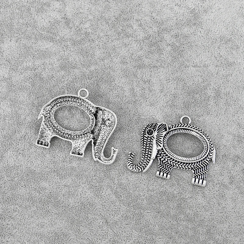 8PCS Tibetan Silver Large Hollow Elephant Ripple Charms Pendants Blank Cameo Cabochon Setting for DIY Jewelry Necklace Making