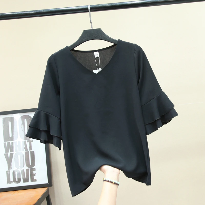 2019 Fashion Simple Women's blouse Summer Butterfly Sleeve Chiffon Shirt V-Neck Casual blouse Plus Size S-4XL Loose Female Tops
