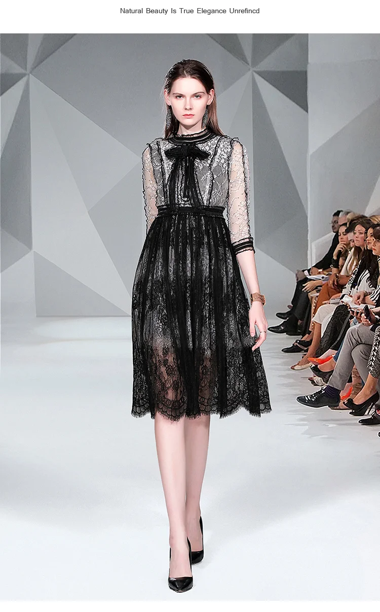 Women Summer Dress Vintage Black Lace Dress O Neck Three Quarter Sleeve Bow High Quality Elegant Slim Party Dresses Vestidos