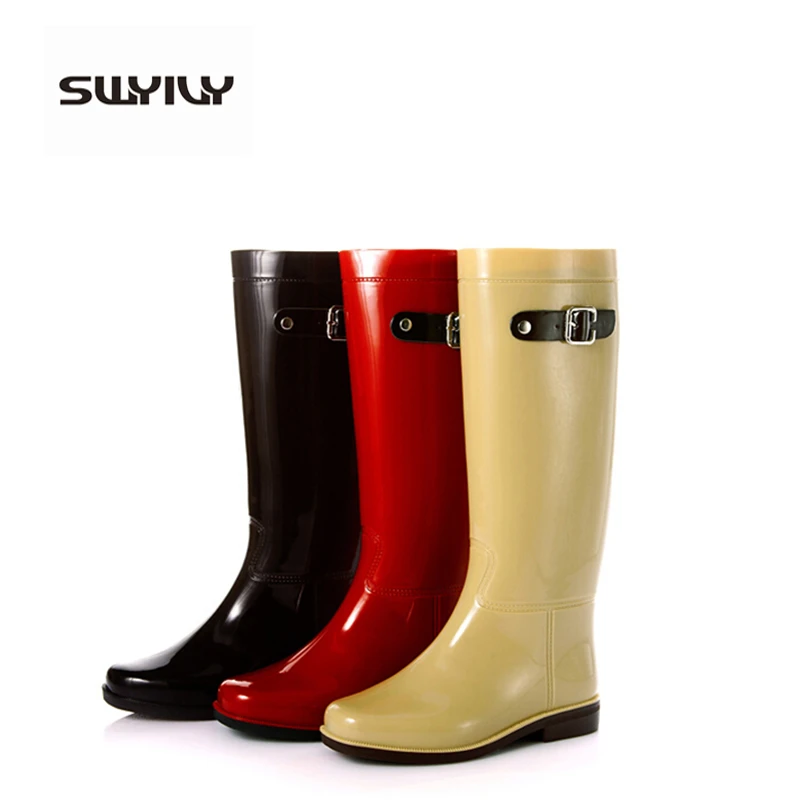 

Cute British Style  Bright Mirror Knee High Fashion PVC Rain Boots Water Shoes Rainboots For Woman