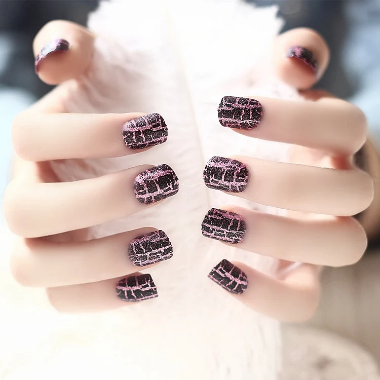 

24pcs Crack Purple Nail Tips Texture Short Oval Full Cover Nail Art Tips Francesinha Press on Nail Faux Ongles with Glue Sticker