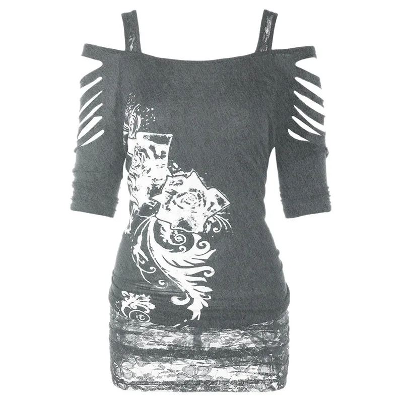 Сексуальная летняя повседневная футболка, черная, прямая, с открытыми плечами, кружевная, череп, крест, крыло, принт, для женщин, летучая мышь, топ, футболка в стиле рок, топы - Цвет: Серый
