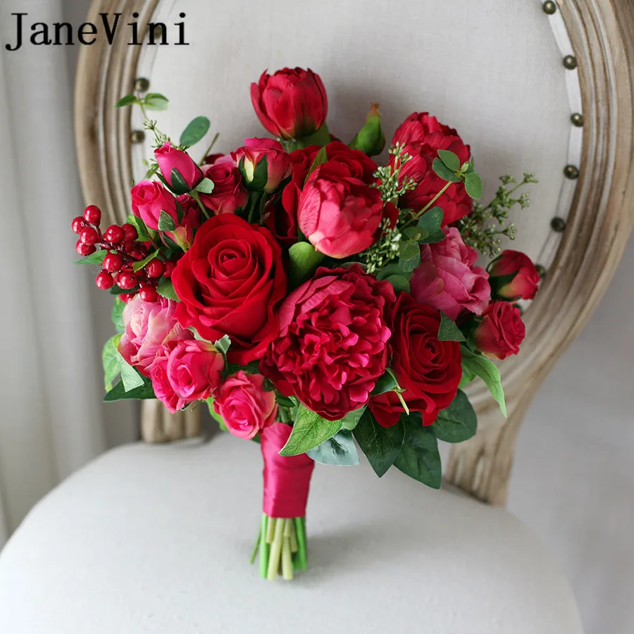 Janevini Menawan Pengantin Bunga Pernikahan Bouquet Merah Mawar