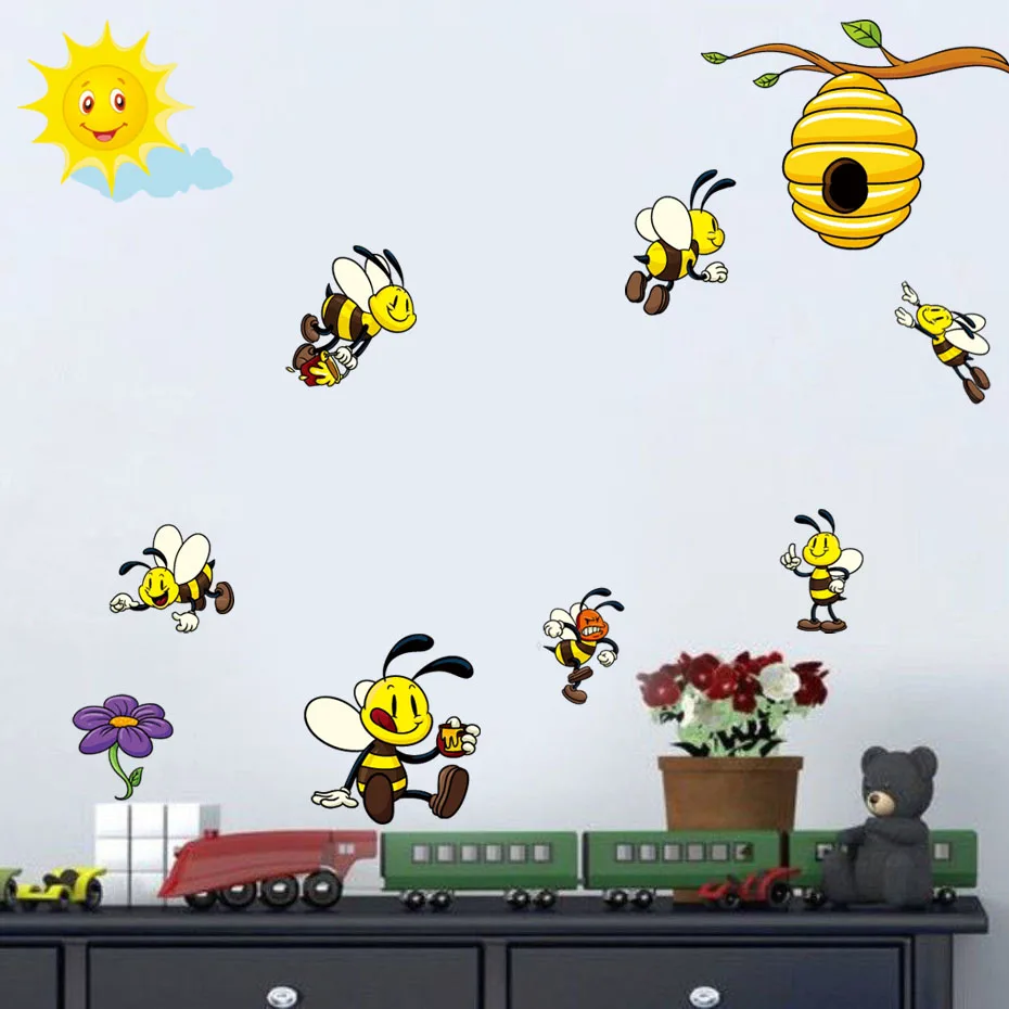 Cute Cartoon Bee Wall Decals Colorful Honey Bee Wall Sticker Modern