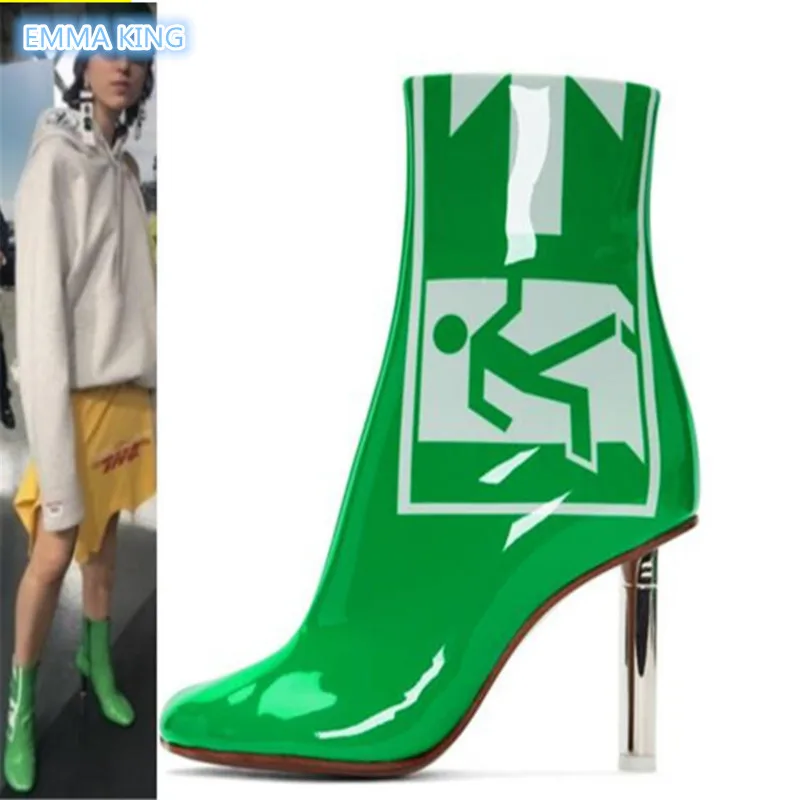 

EMMA KING Green Safety Exit Sign Ankle Boots For Women Stilettos Metal Heels Tacones Botines Mujer Pointed Toe Zipper Zapatos