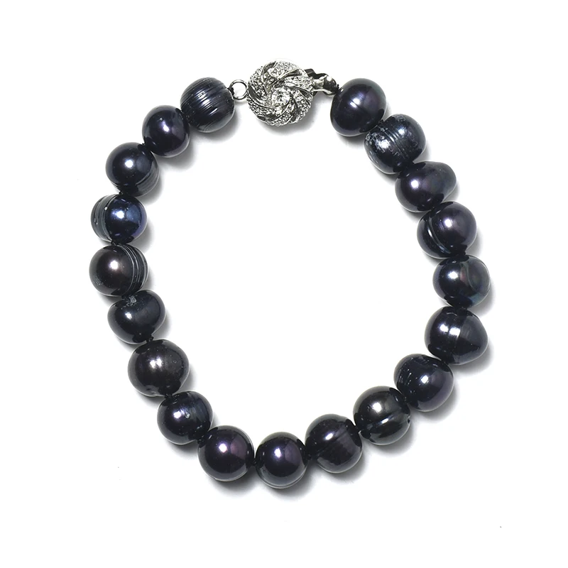 

Wholesale 9-10mm Freshwater Natural pearl Bracelet in All Black oval shape with Cyan luster And Atmospheric Style