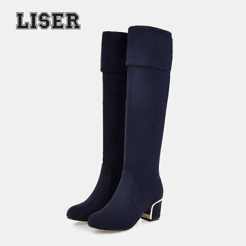 

2019 new arrival women's long boots for winter knee high warm short plush adjustable shaft metallic chunky heels ladies booties