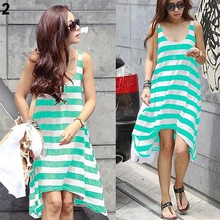 Women’s Summer Loose Stripe Natural O-neck Mid-Calf Broadcloth Sleeveless Beach Long Dress