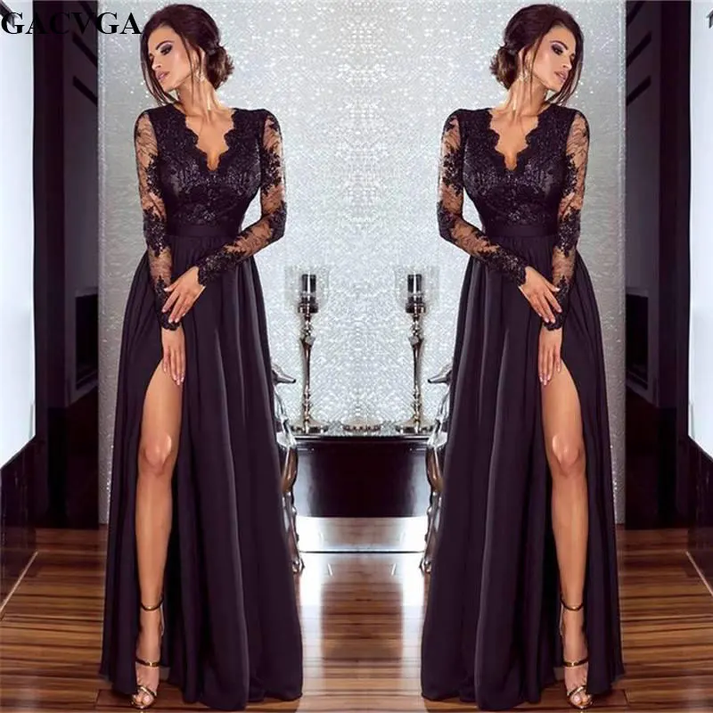 

GACVGA 2019 Long Sleeve Black Autumn Dresses Women Lace Long Dress Slim Sexy Elegant Chiffon Summer Party Dress Vestidos