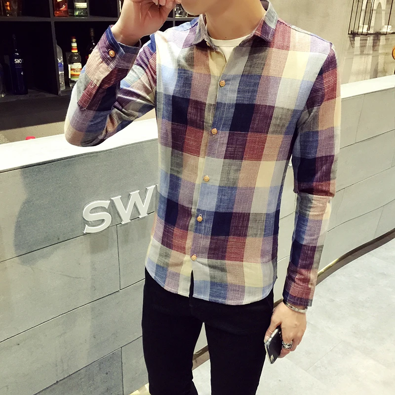 Мужские клетчатые рубашки в стиле ретро Повседневная рубашка с длинным рукавом