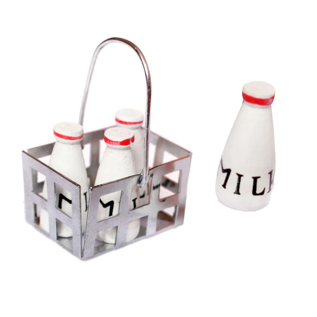 1/12  4pcs Dollhouse Furniture Mini Metal Milk Basket with wood milk bottles, bottles are removable  for doll house