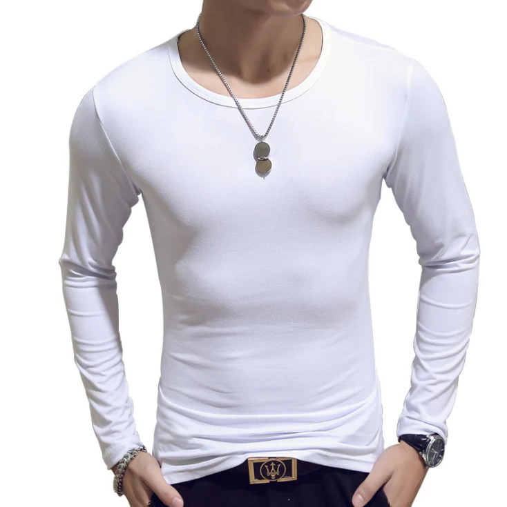 

Spring and autumn period long sleeve slim men's T shirt with o collar solid polyester T shirt primer men's red, blue and black