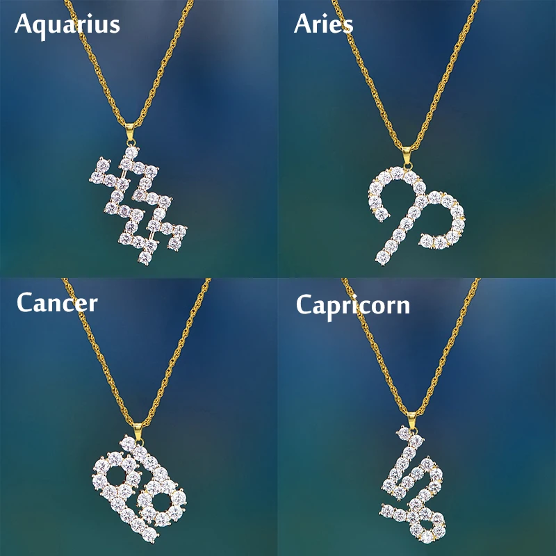 Gifts Sale Zodiac Sign 12 Constellations Pendant Iced Out Rhinestone Clavicle Chain Women& Mens Jewelry Necklaces for Hip Hop