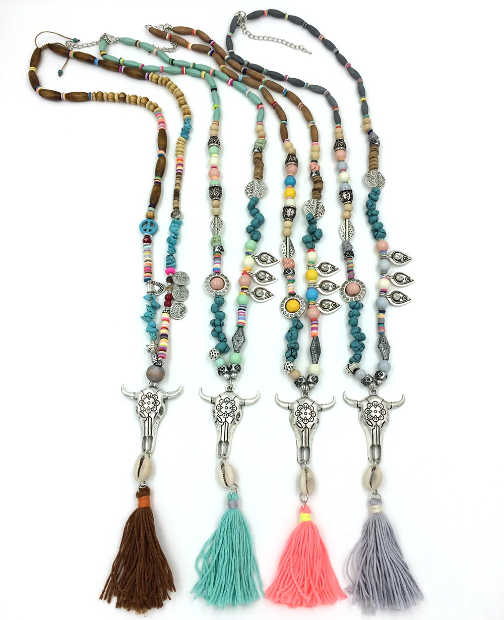 2017 New Boho Tibet antique Silver Tauren pendant necklace Pink Tassel beaded chain Necklace taurus charm necklace